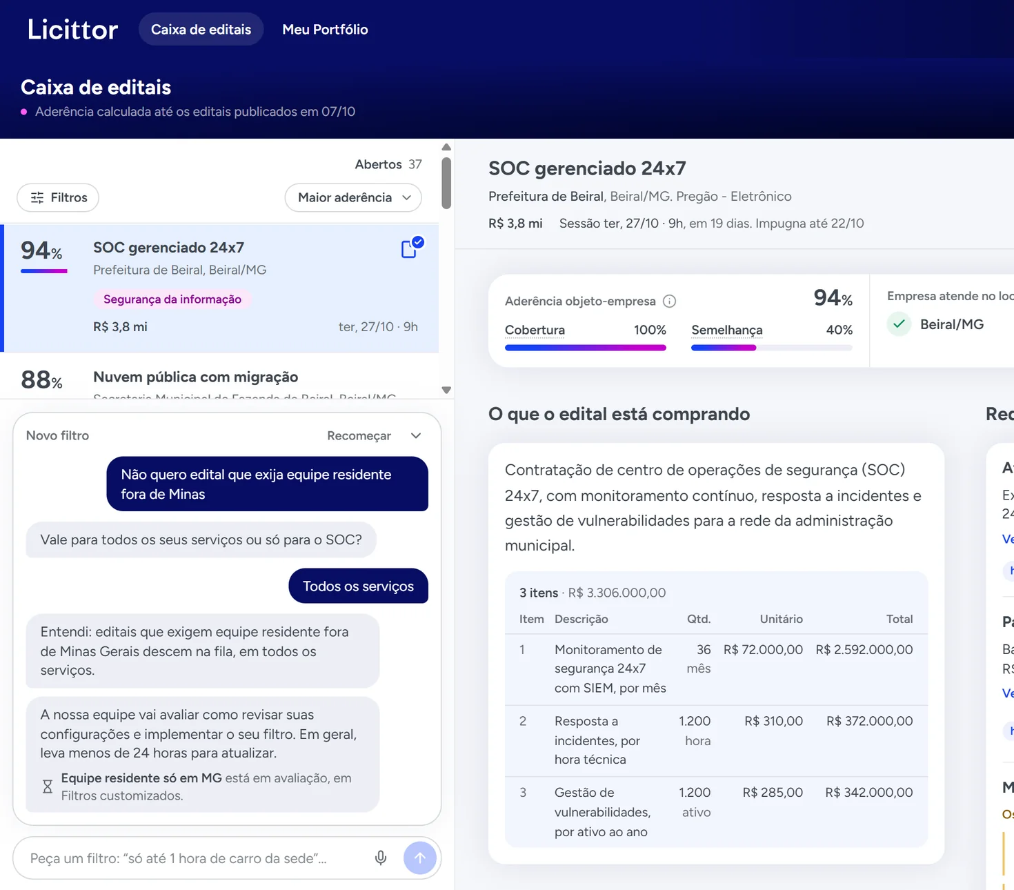 Conversa no Licittor: o usuário pede para não ver editais que exijam equipe residente fora de Minas, o agente pergunta se vale para todos os serviços e confirma o novo critério.